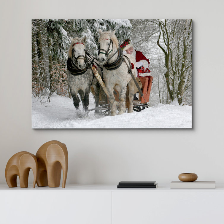 Christmas Holiday Celebration Winter Snow Forest Signs Santa Claus Riding  Horses Pictures Canvas Print Large Wall Art